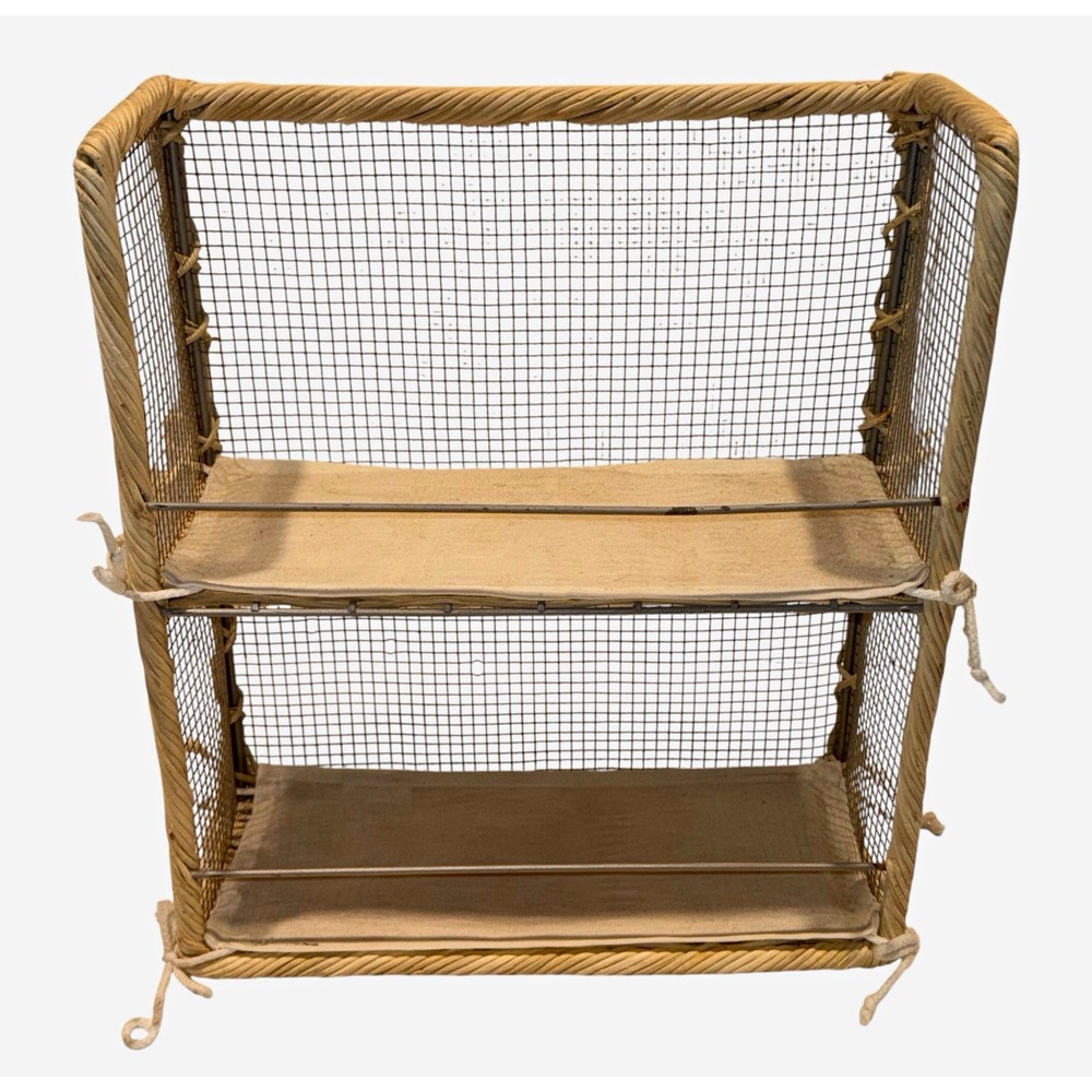 Wicker Rattan Wire Mesh 2-Tier Shelf Organizer Canvas Shelves Cottagecore VTG
